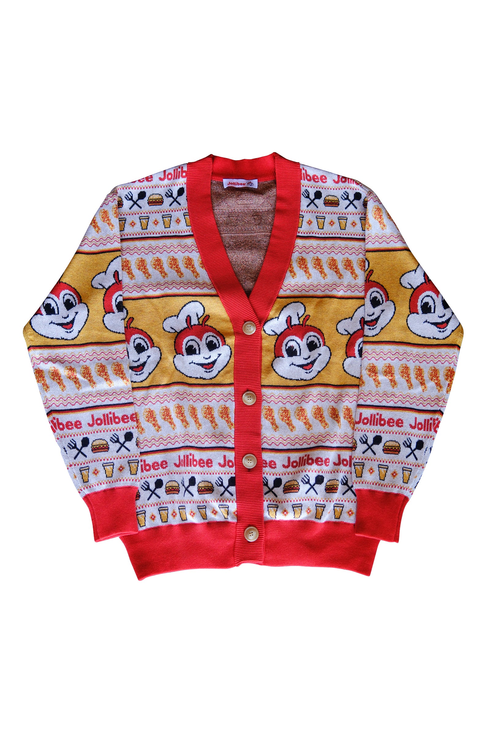 Cardigan with Jollibee branding on a white background