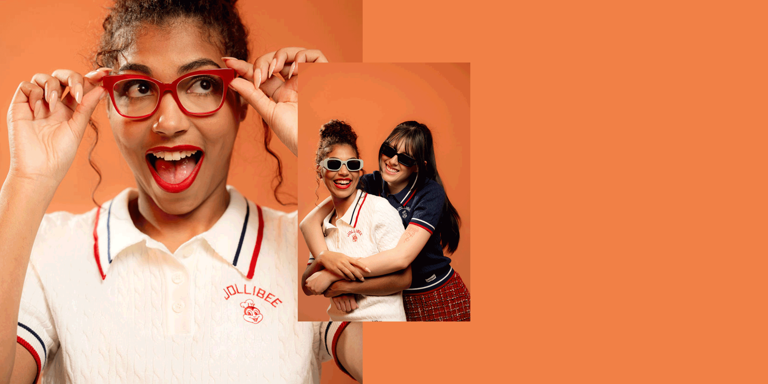 A picture of a young woman with red glasses and a GIF of two young women having fun on an orange background.