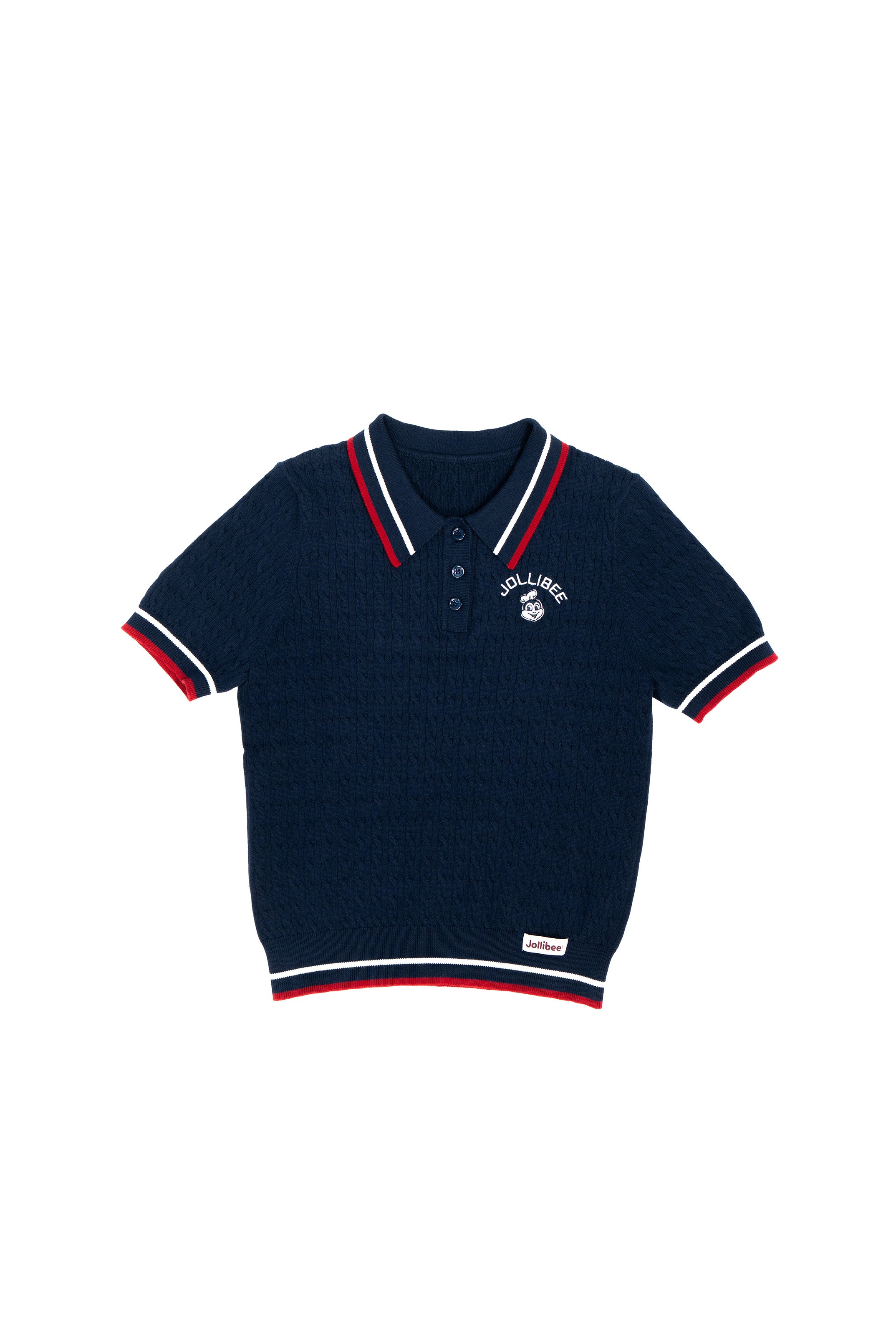 Navy blue polo shirt with red and white accents on a white background