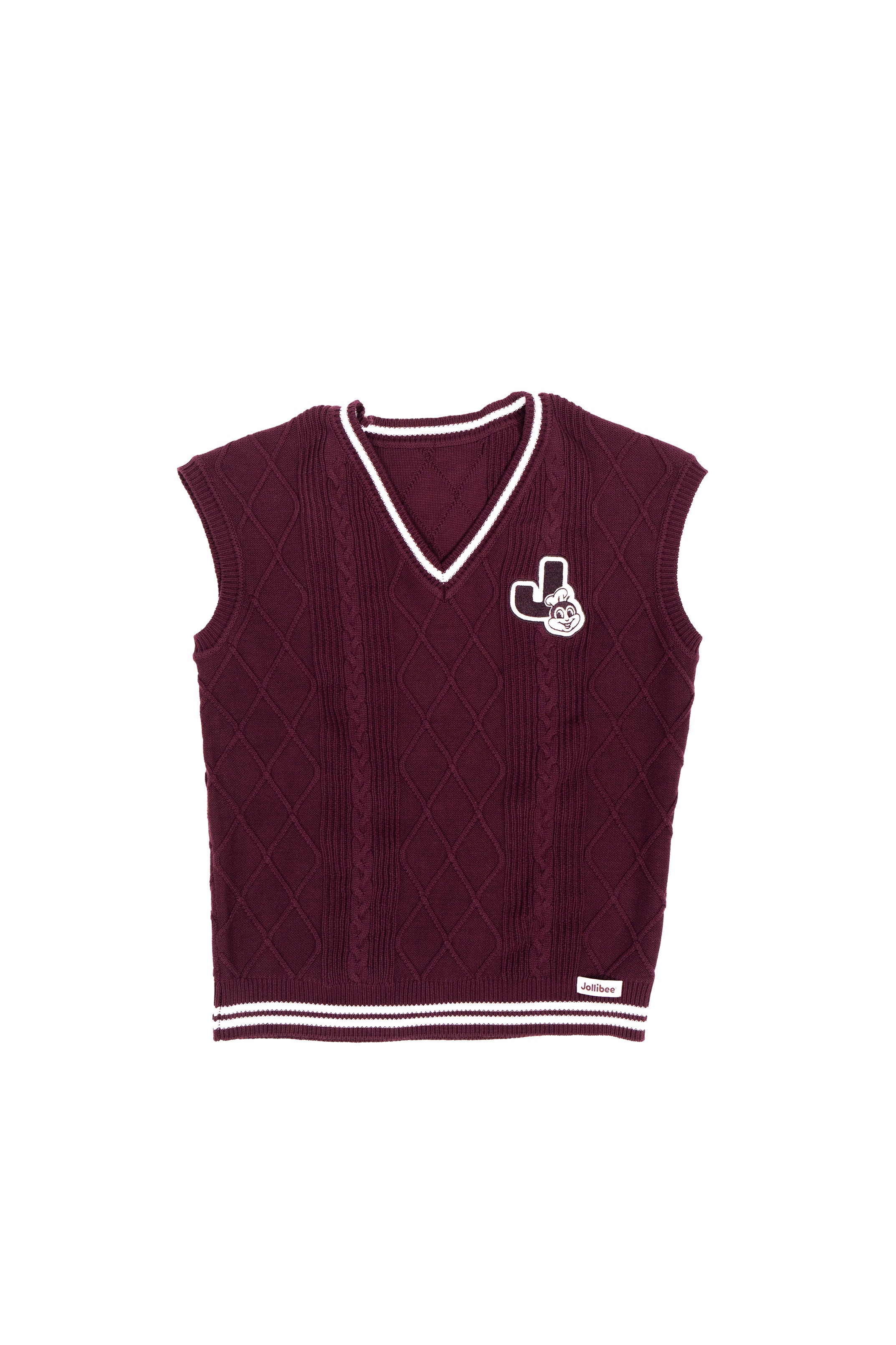 Maroon sweater vest with a Jollibee logo on a white background