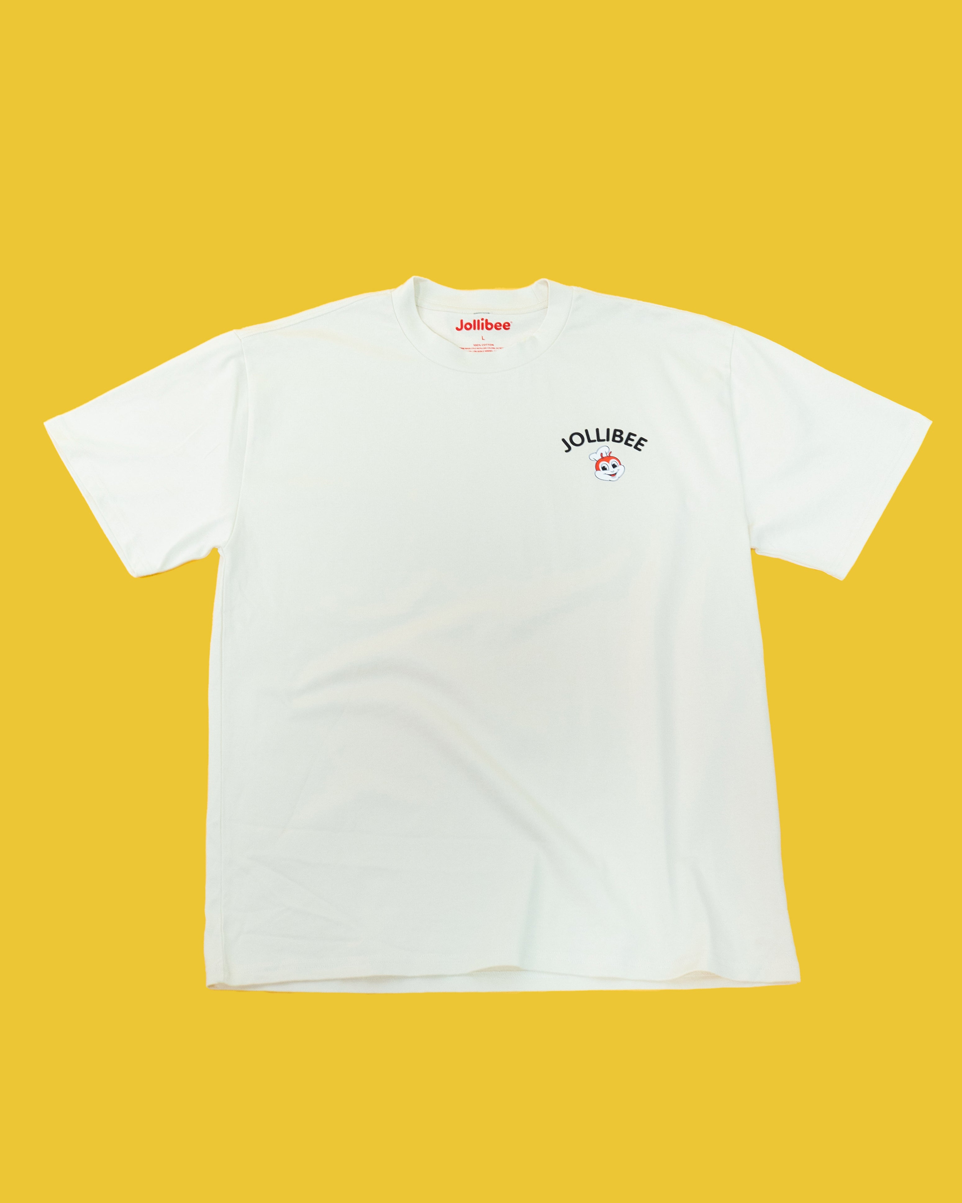 White tee with Jollibee logo printed on it on a yellow background.