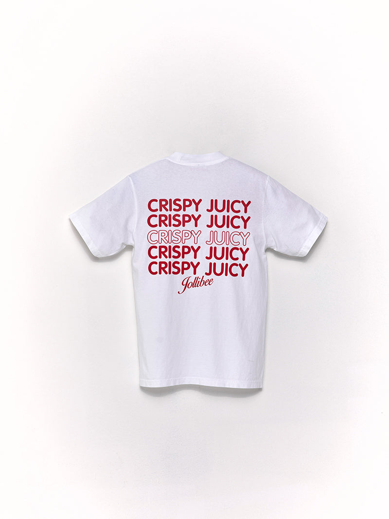 The back of a white t-shirt with 'CRISPY JUICY JOLLIBEE' in red font on a white background.