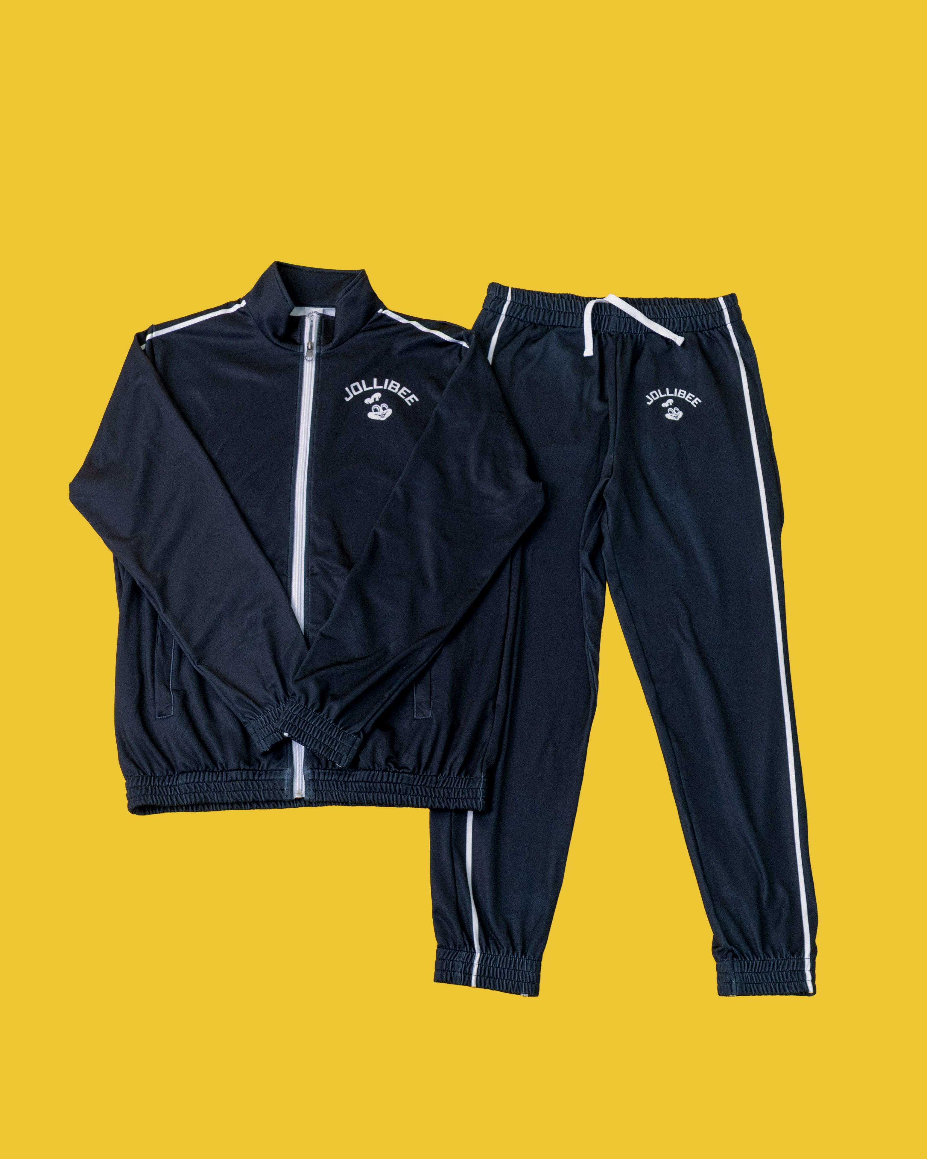 Jollibee merch black tracksuit flatlay