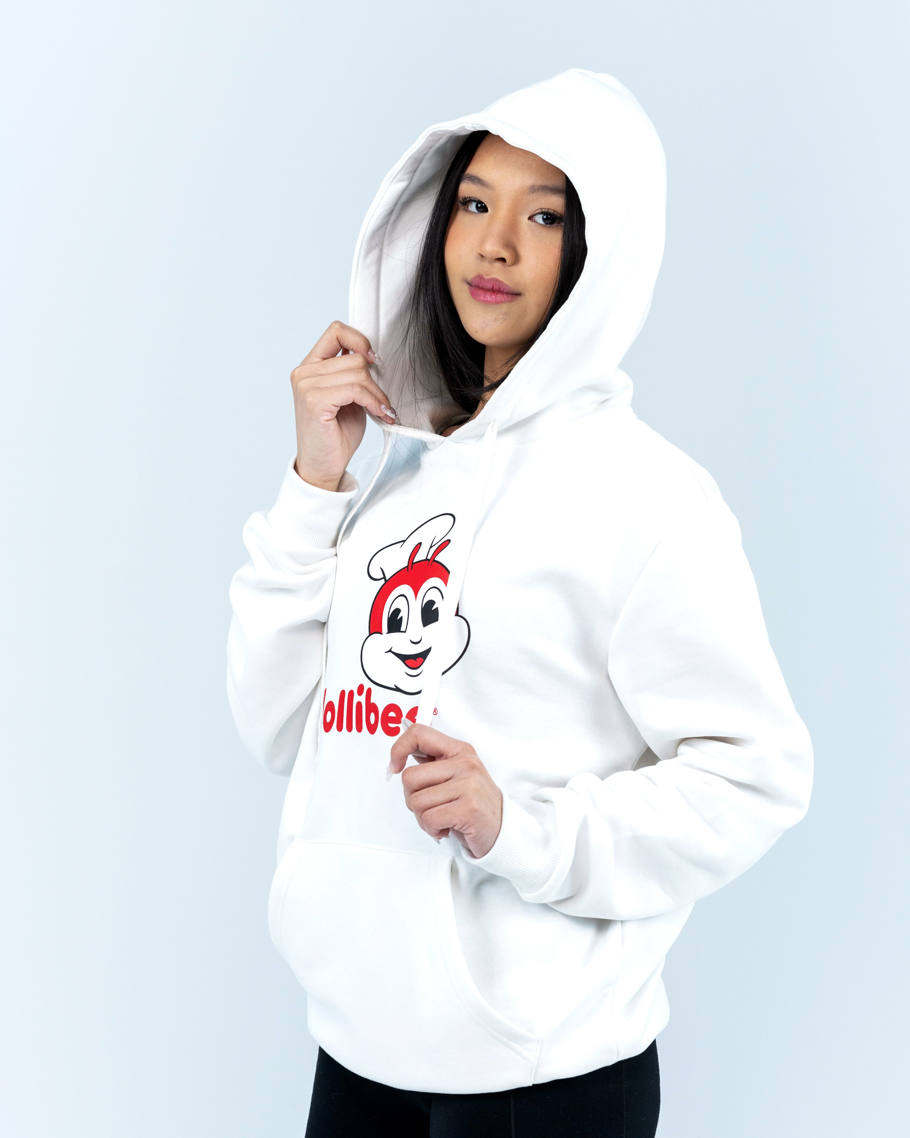 girl wearing Jollibee merch classic white hoodie