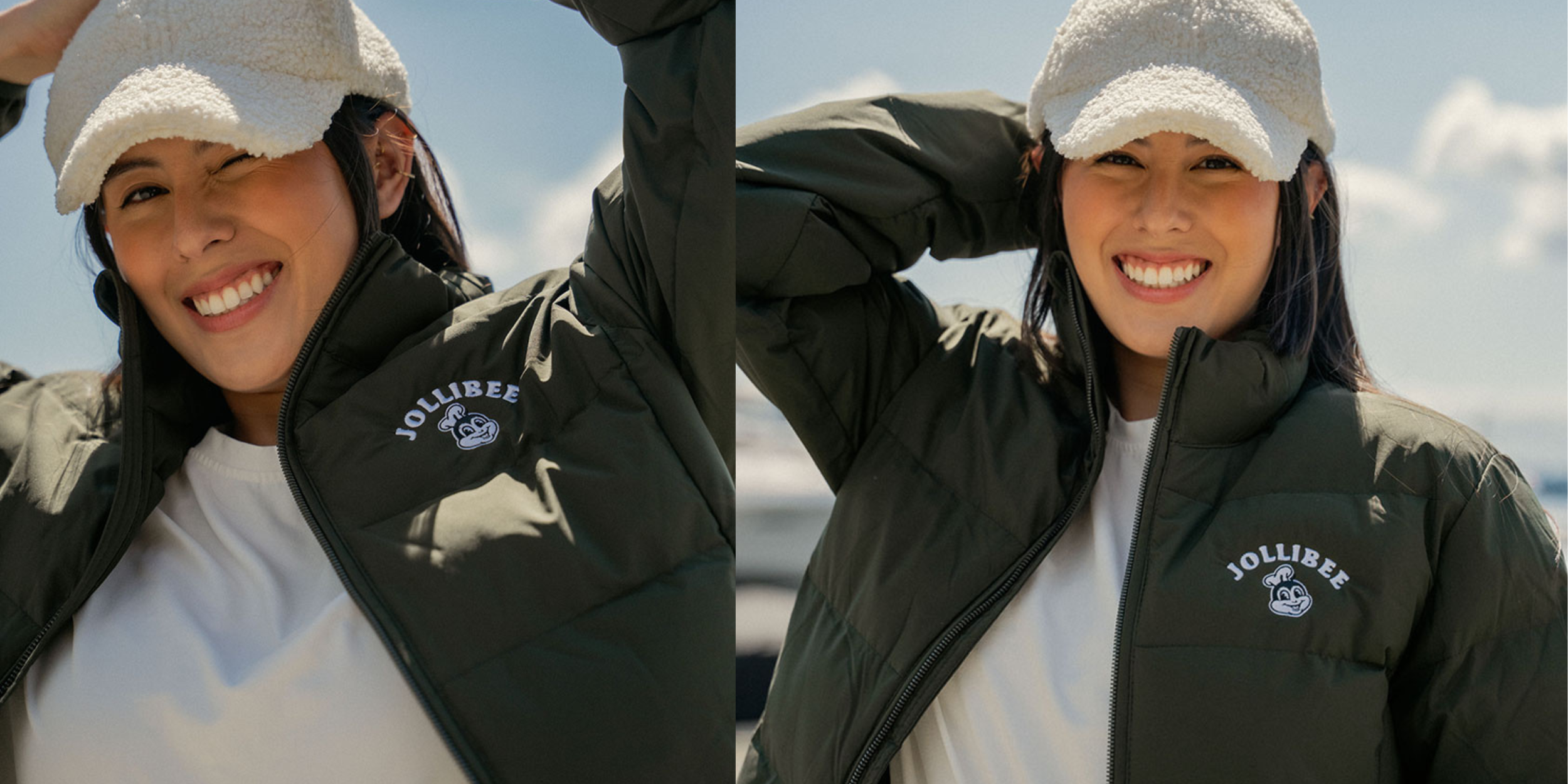 Person wearing a green Jollibee puffer jacket, smiling outdoors.