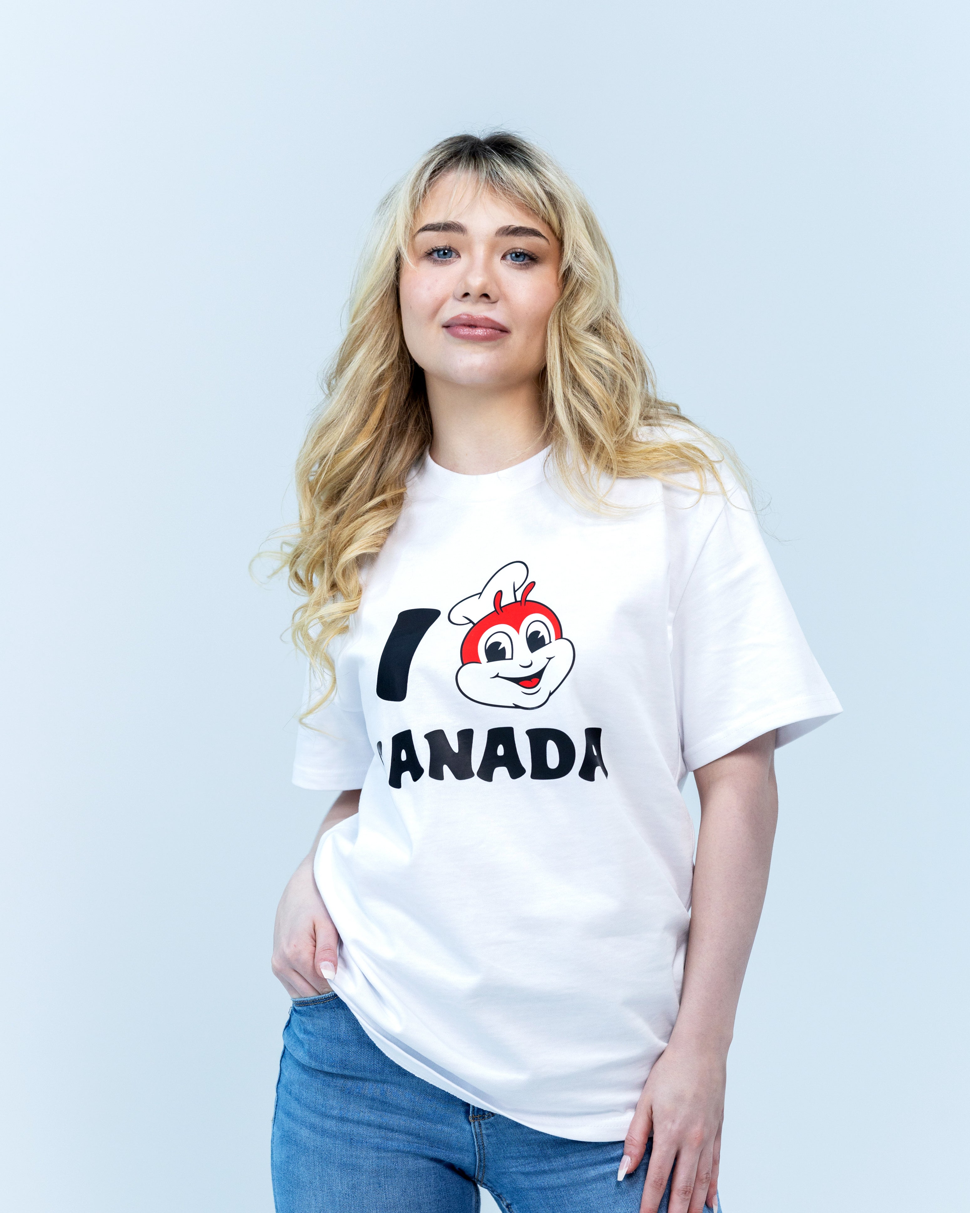 girl wearing Jollibee merch I JB Canada white t-shirt