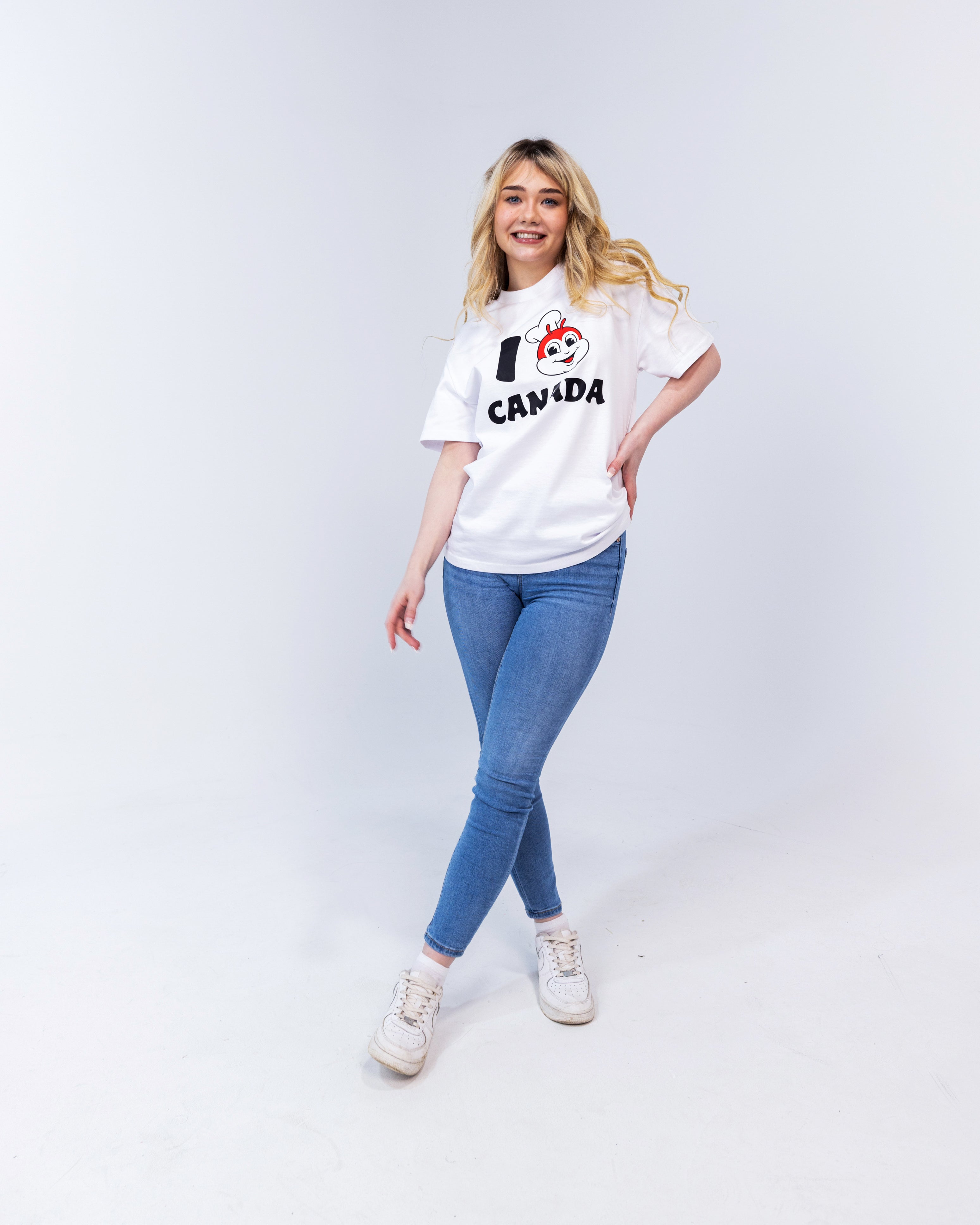 girl wearing Jollibee merch I JB Canada white t-shirt