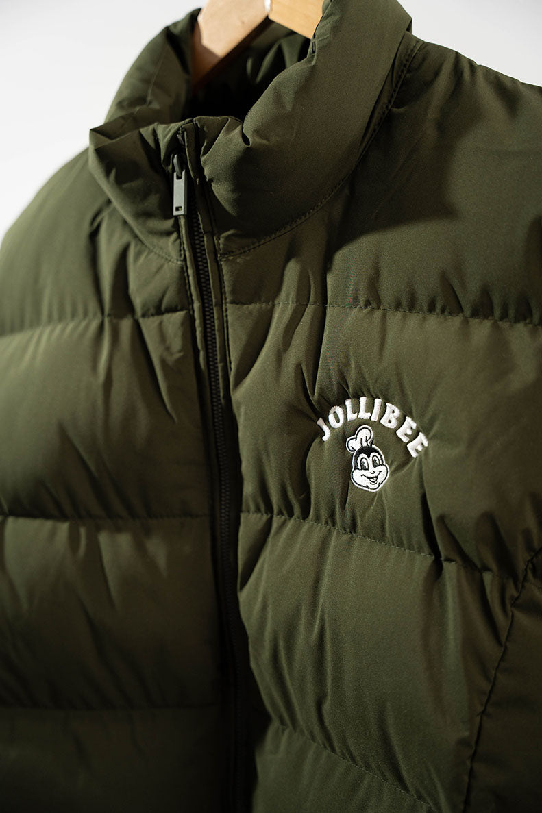 Green puffer jacket with Jollibee logo on a white background