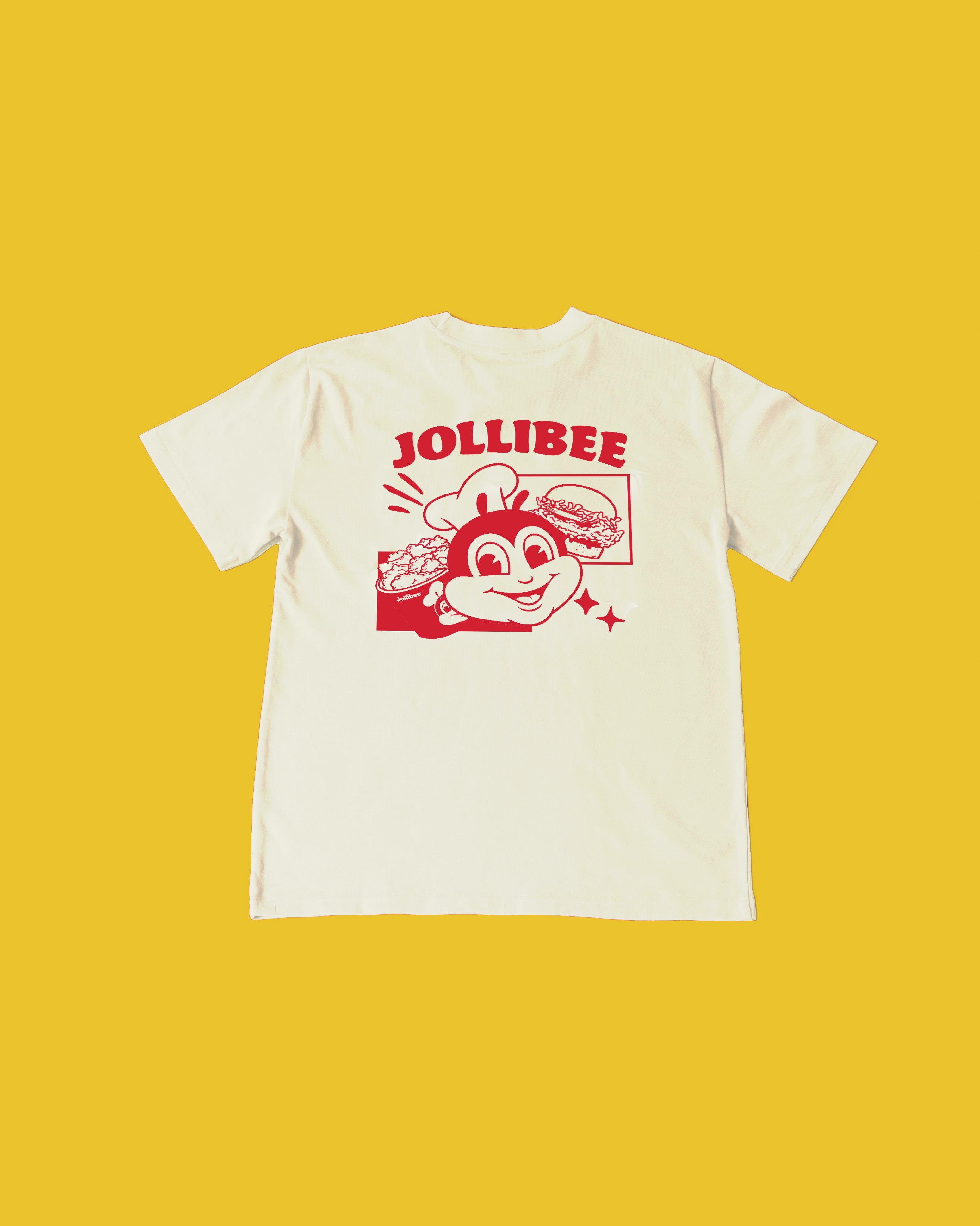 White t-shirt with red Jollibee logo on a yellow background
