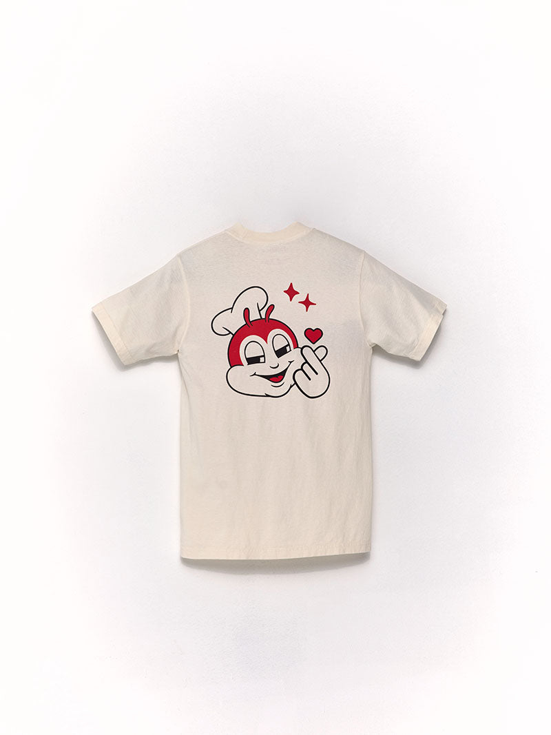 Beige t-shirt with a flirty Jollibee design on a white background.