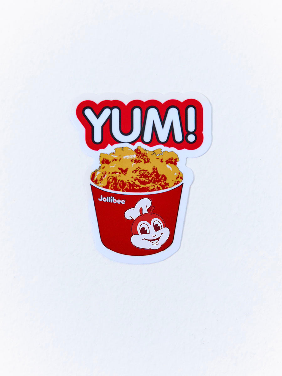 Sticker of a Jollibee bucket of fried chicken with 'YUM!' text on a white background