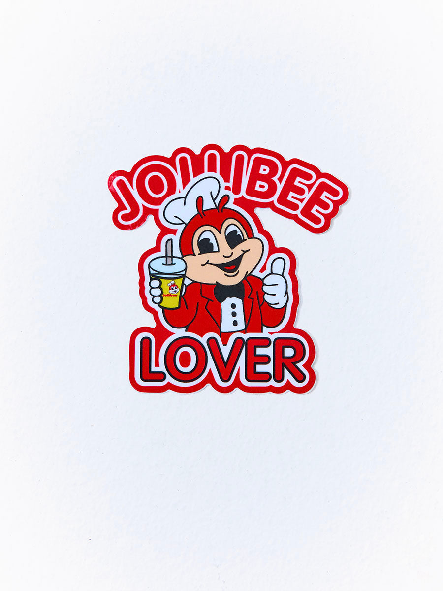 Jollibee holding a drink with 'Jollibee Lover' text on a white background