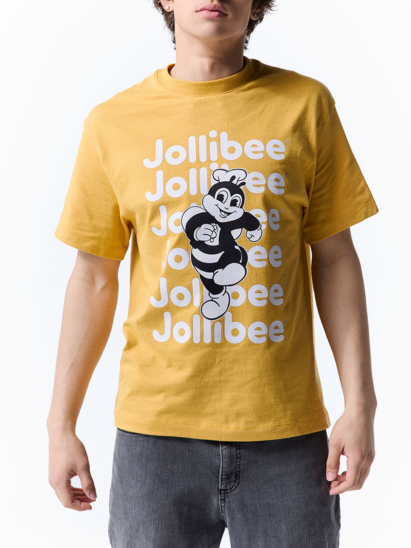 Person wearing a yellow Jollibee t-shirt with the brand's logo.