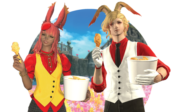 Two animated characters with colorful hairstyles holding a bucket of fried chicken against a scenic background.