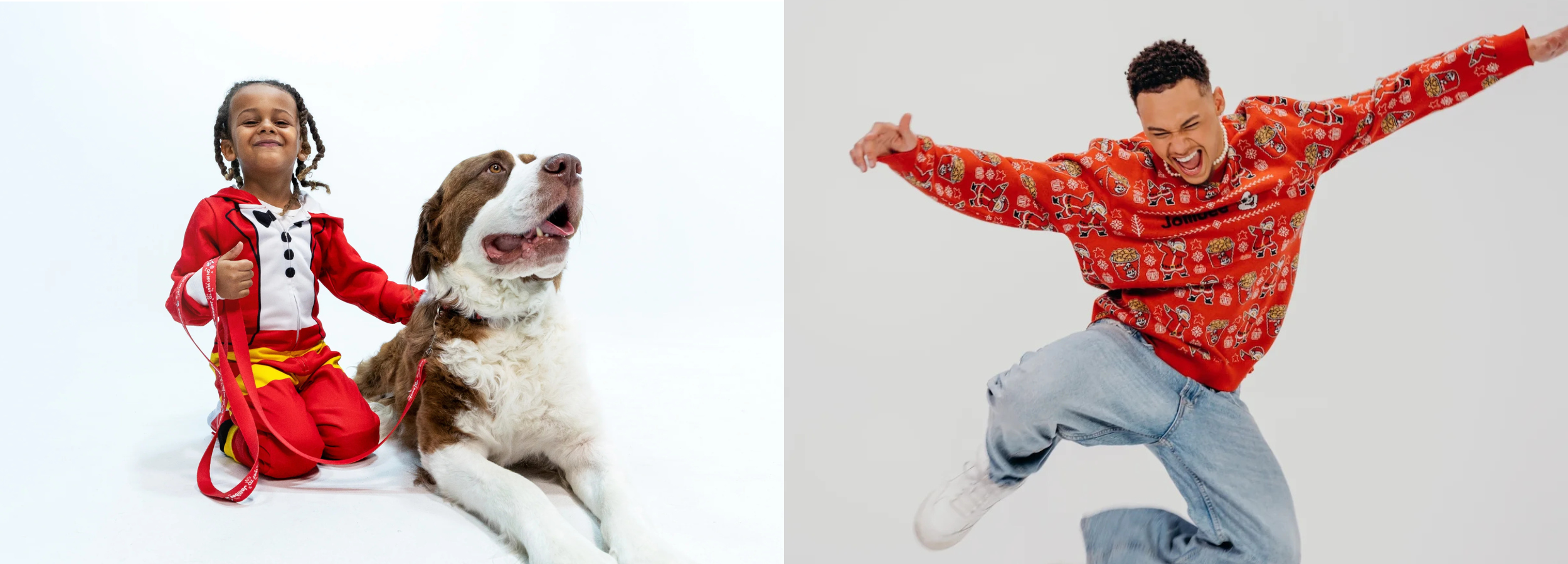 Two people and a dog wearing red holiday-themed outfits on a white background