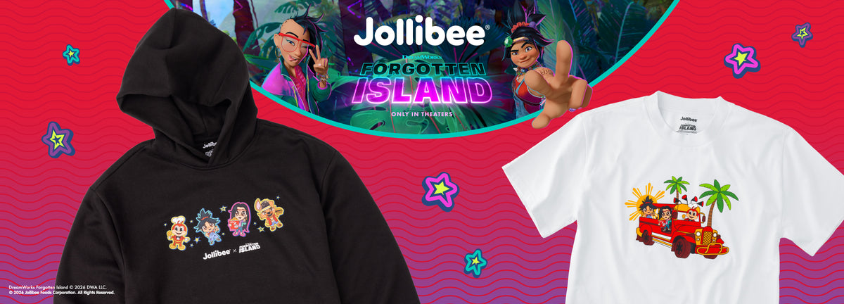 A promotional product graphic for Jollibee x Forgoten Island merchandise, showing a black hoodie with small character graphics on the left, a white T-shirt with a red tropical truck graphic on the right, and the Jollibee x Forgoten Island logo banner at the top center against a bright pink background.