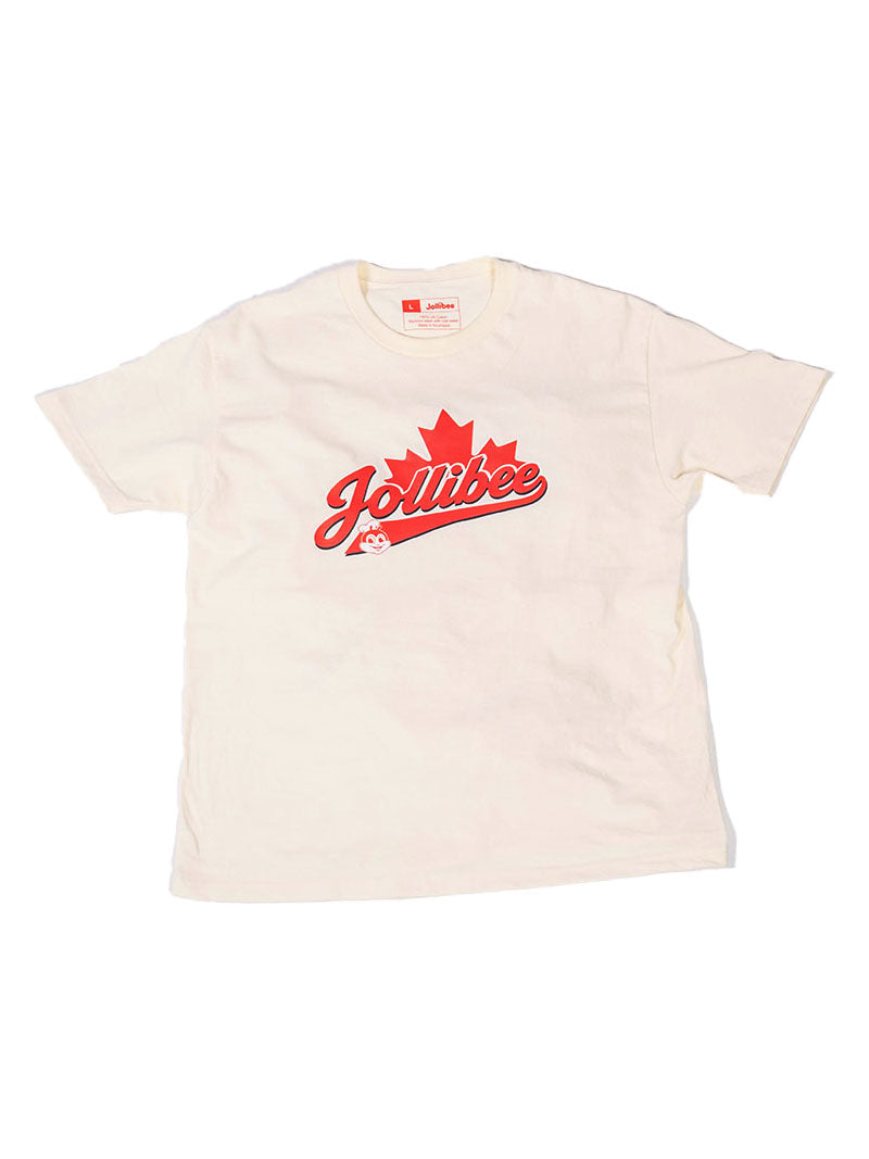 An off-white short-sleeve t-shirt featuring a red graphic on the chest with a maple leaf and the word 'Jollibee'.