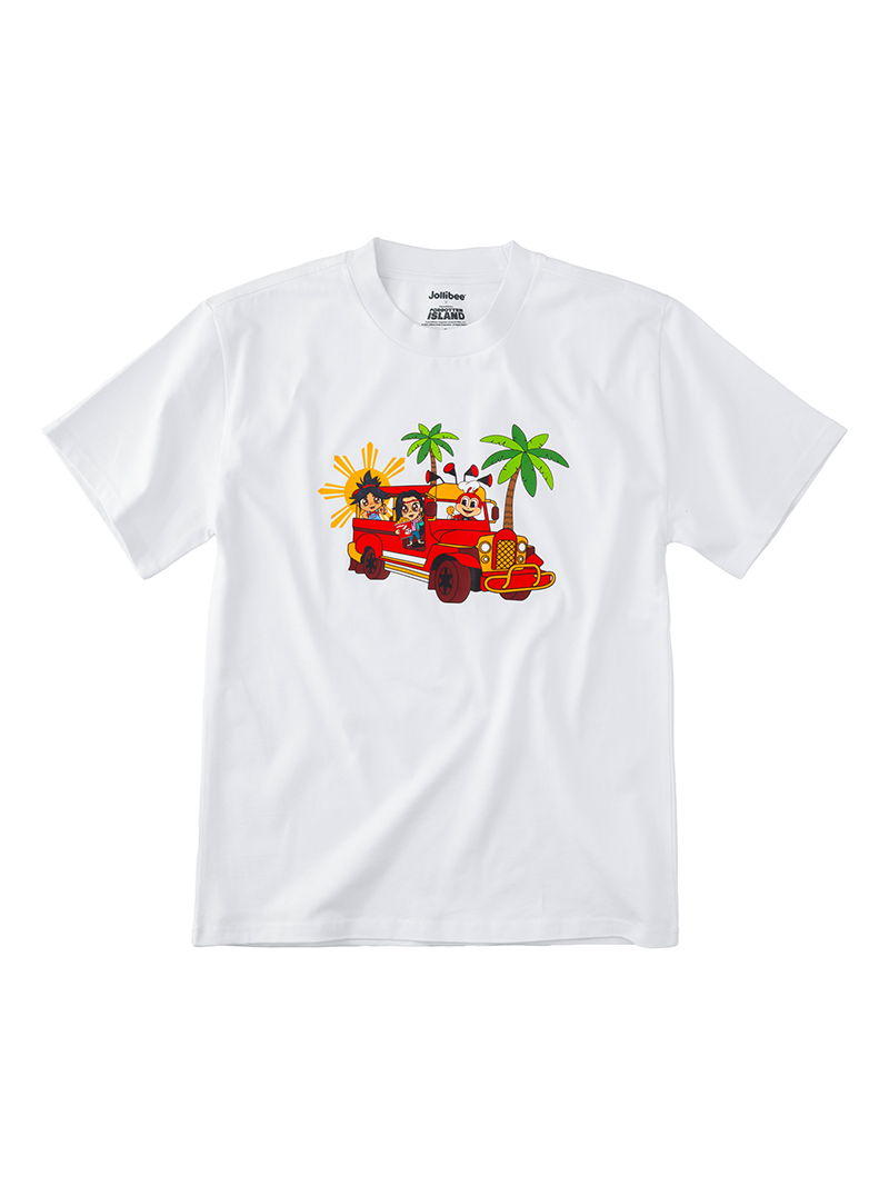 Jollibee x Forgotten Island white t-shirt on a white background