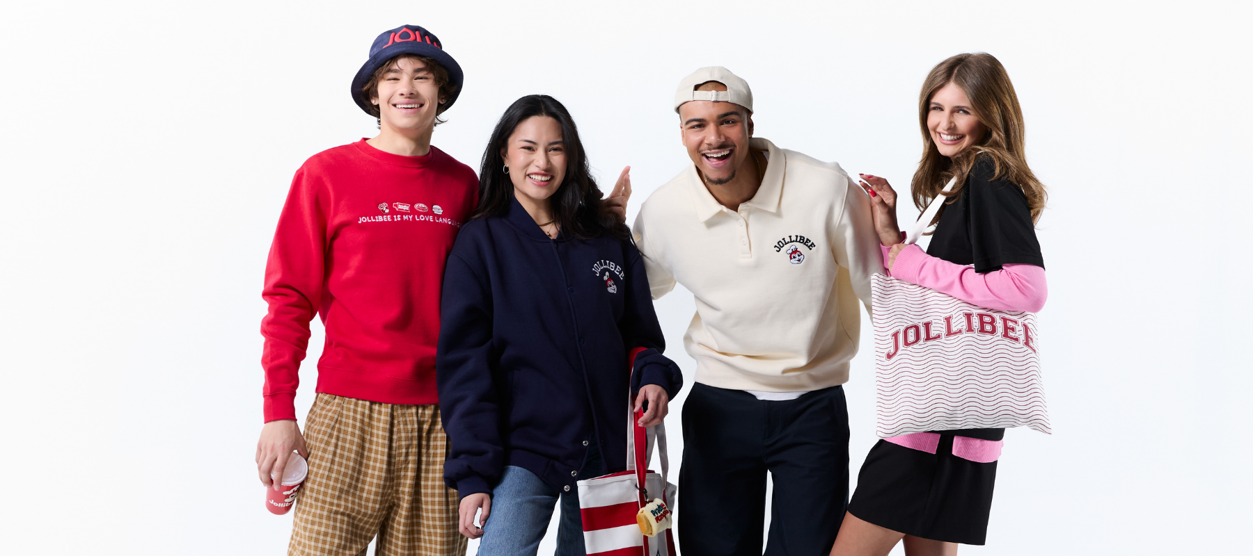 Four people wearing Jollibee branded clothing and accessories on a white background