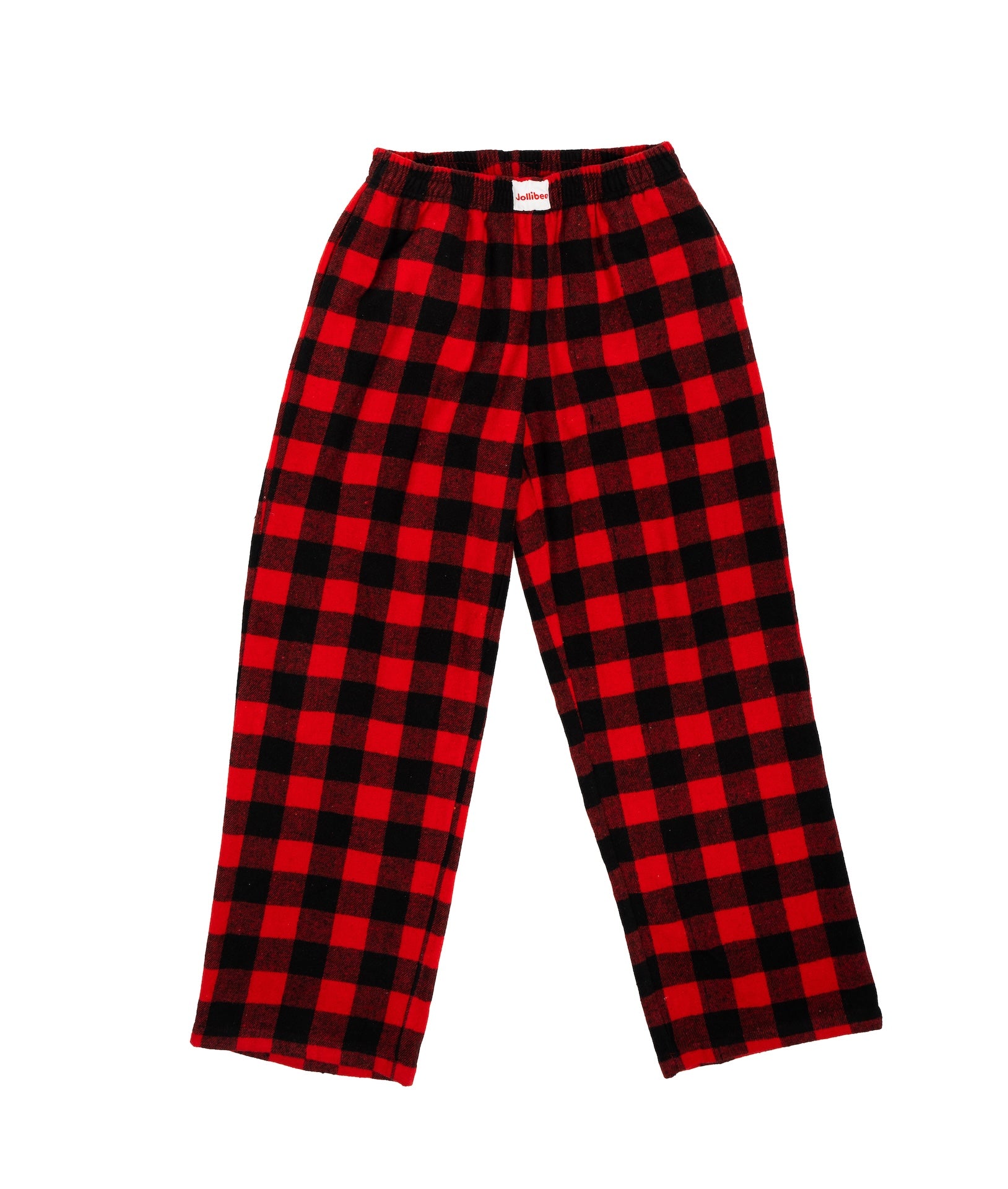 Red and black plaid pants on a white background