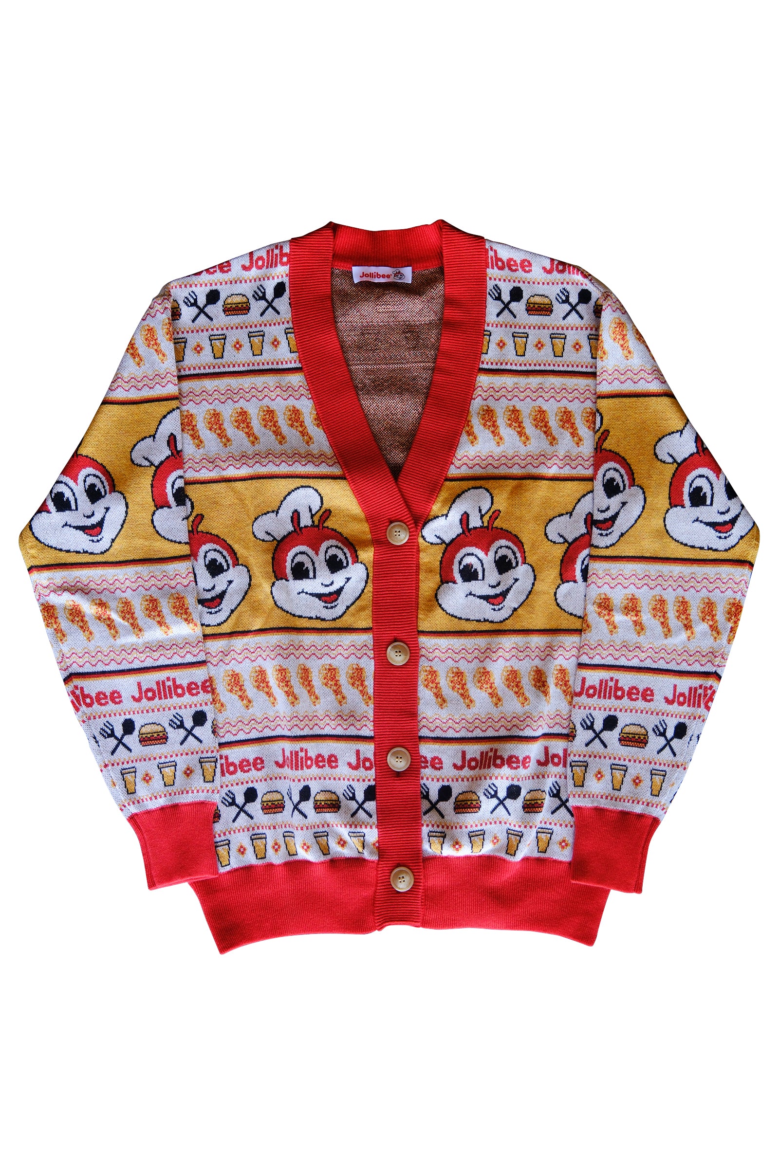 Cardigan with Jollibee branding on a white background