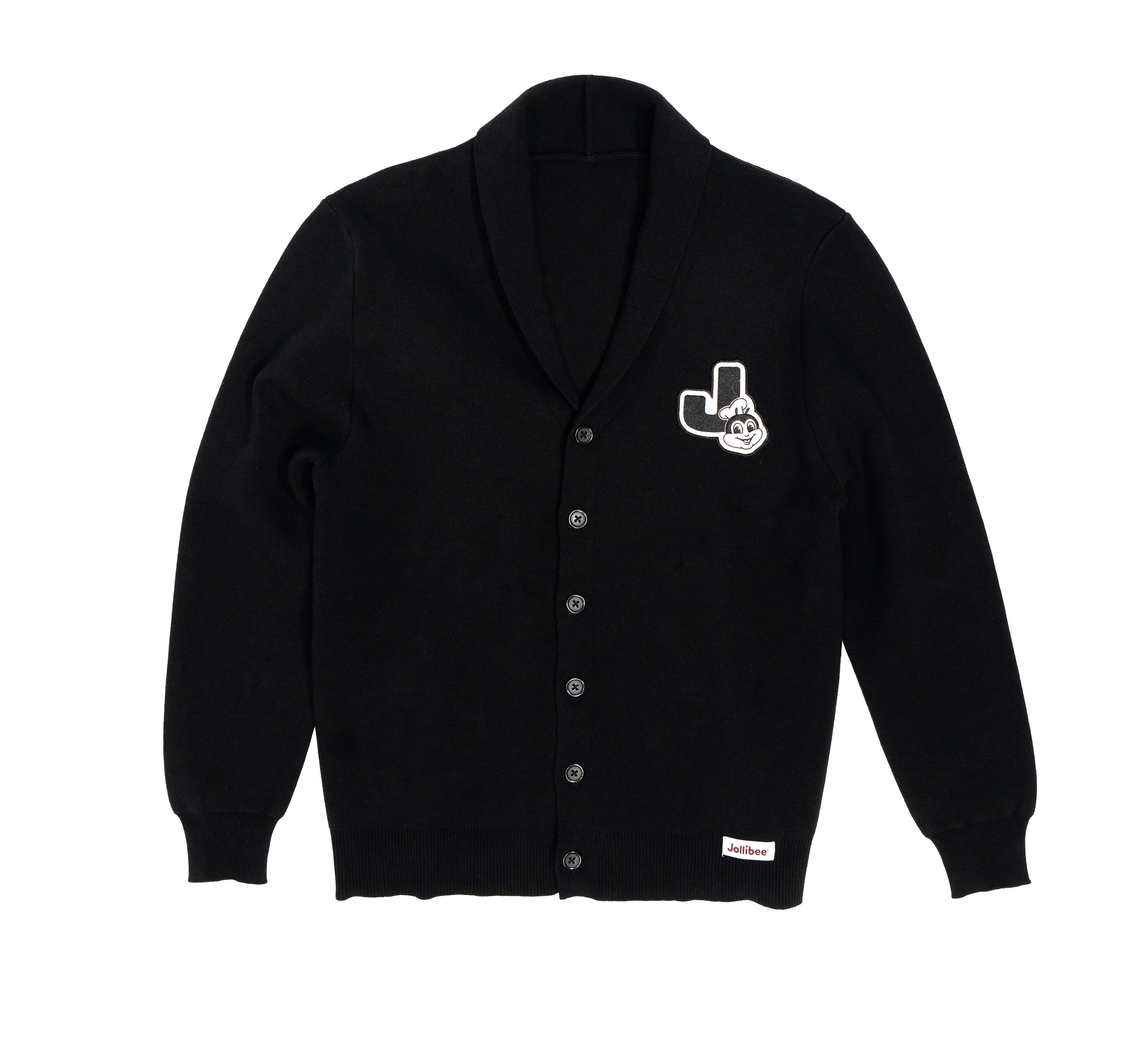 Black varsity jacket with a logo on the chest against a white background