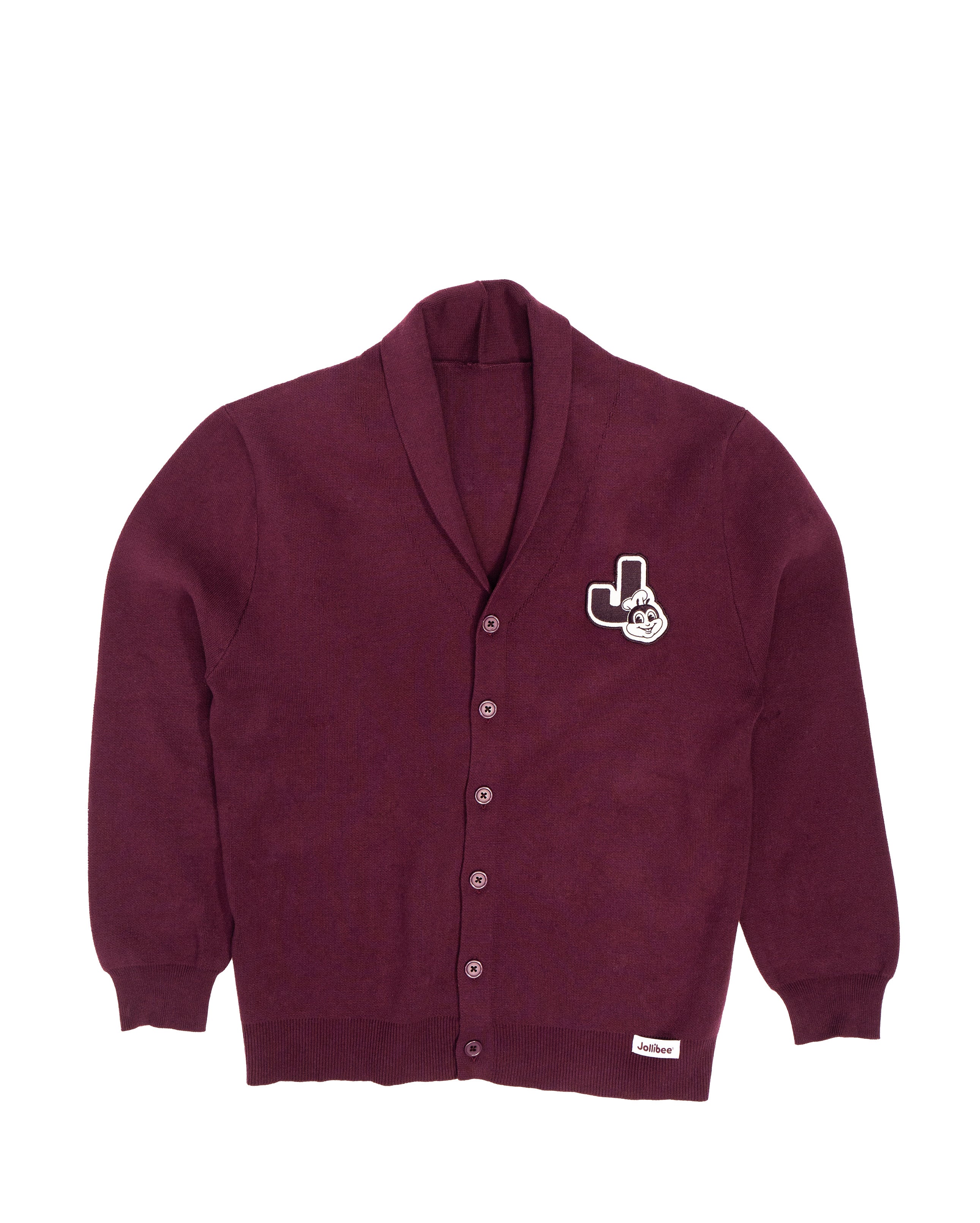 Maroon cardigan with a logo on a white background