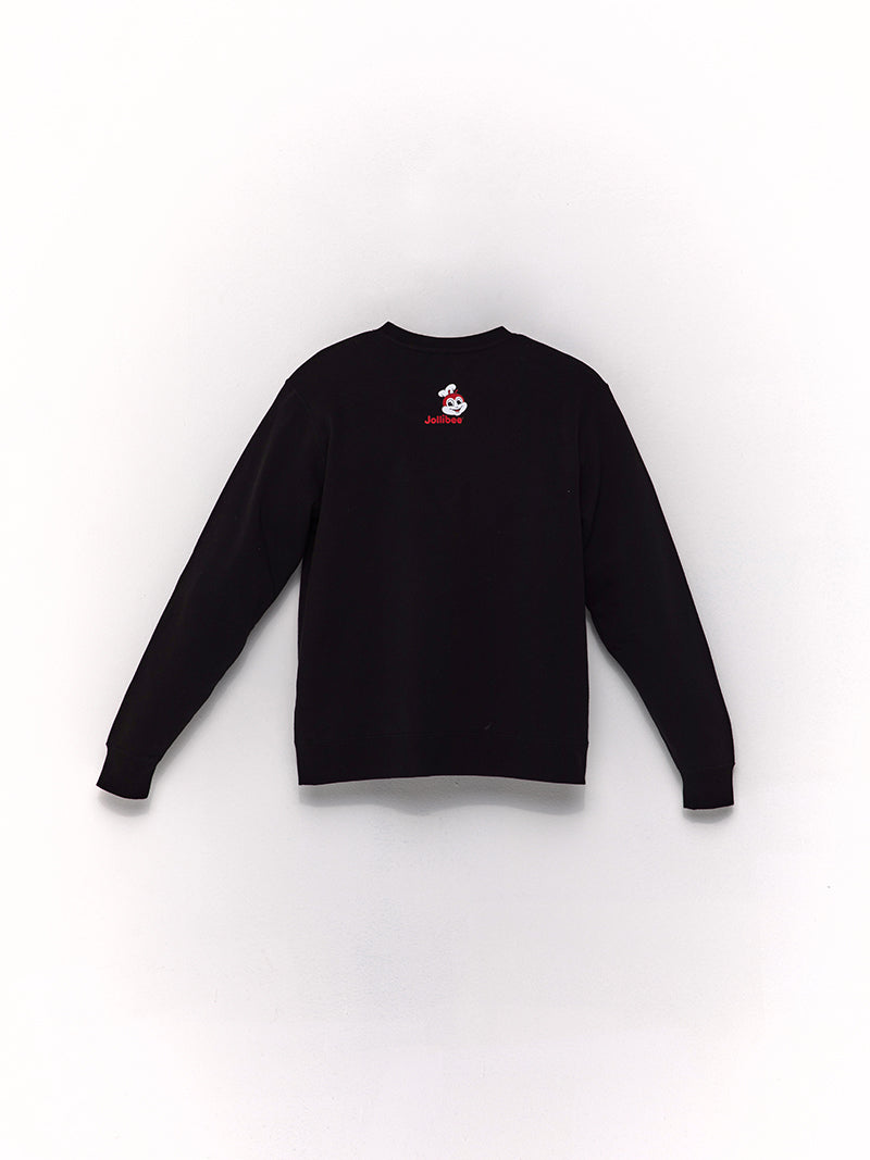 The back of a black crewneck sweatshirt with a Jollibee logo on a white background.