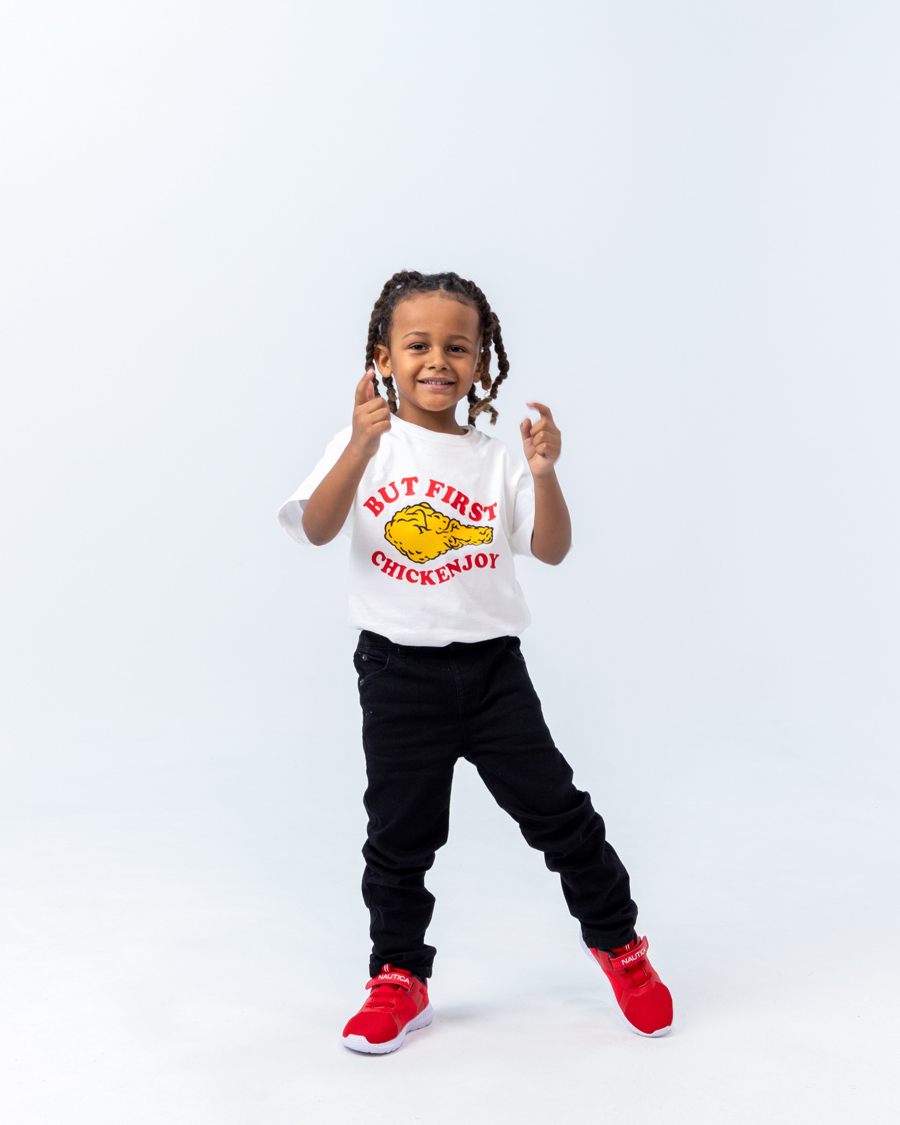 cute little boy wearing Jollibee merch But First Chickenjoy kid shirt