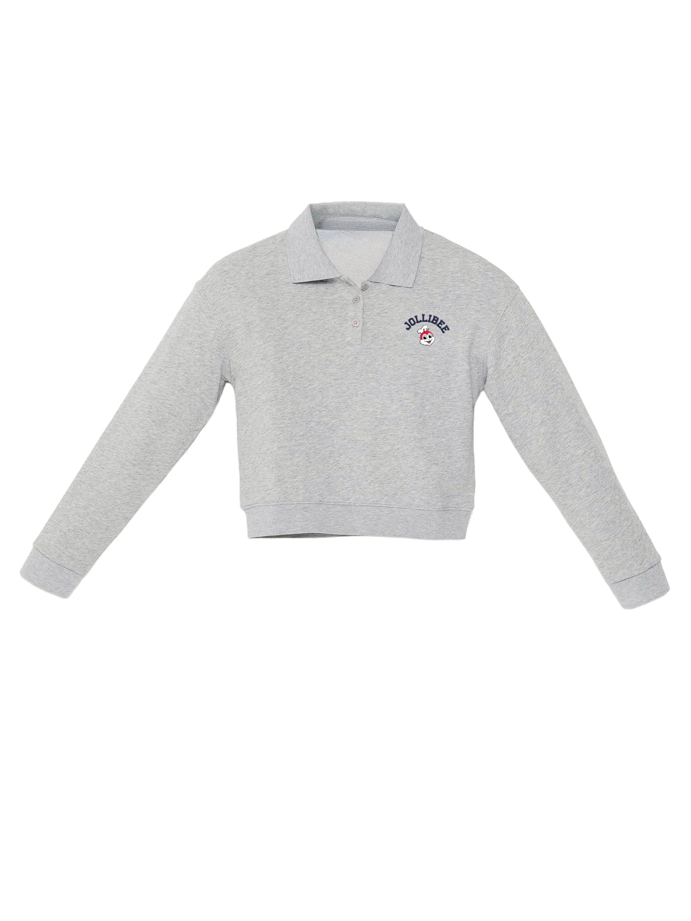Gray long-sleeve polo shirt with 'Jollibee' logo on a white background