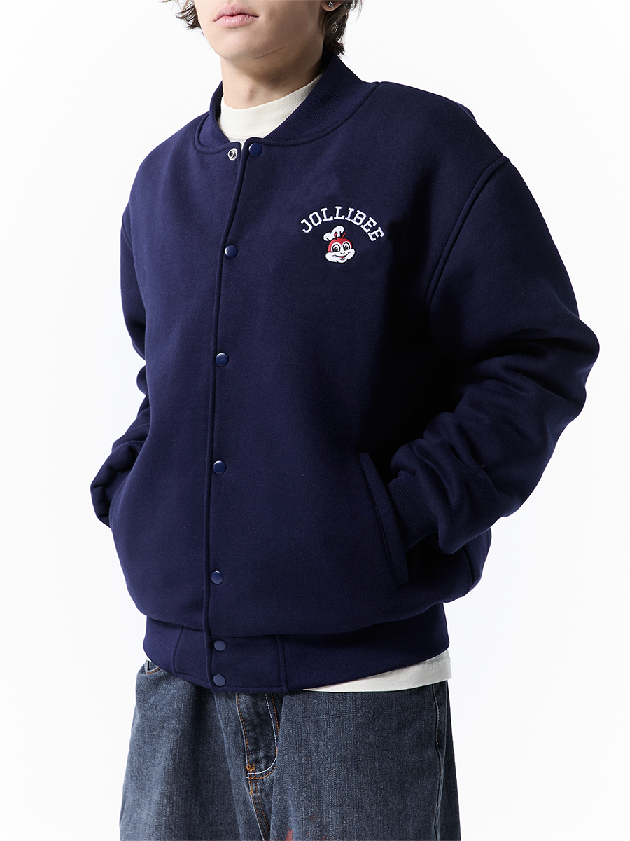 Navy blue varsity jacket with a brand logo on a white background